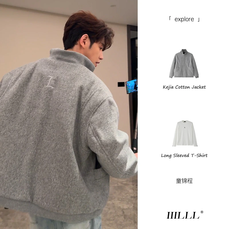 IIILLL童锦程毛呢立领棉衣男秋冬美式复古羊毛夹克加棉老钱风外套