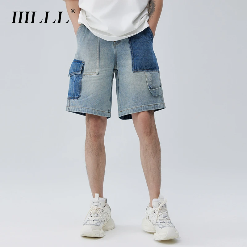 IIILLL童锦程同款夏季撞色宽松拼接浅色牛仔短裤男装清凉薄款