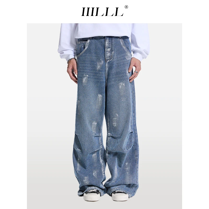 IIILLL童锦程阔腿牛仔裤刷银工艺美式水洗立体结构百搭拖地长裤