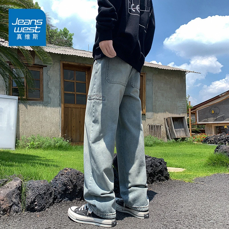 Jeanswest/真维斯牛仔裤男款春秋款厚款宽松直筒复古潮牌阔腿长裤