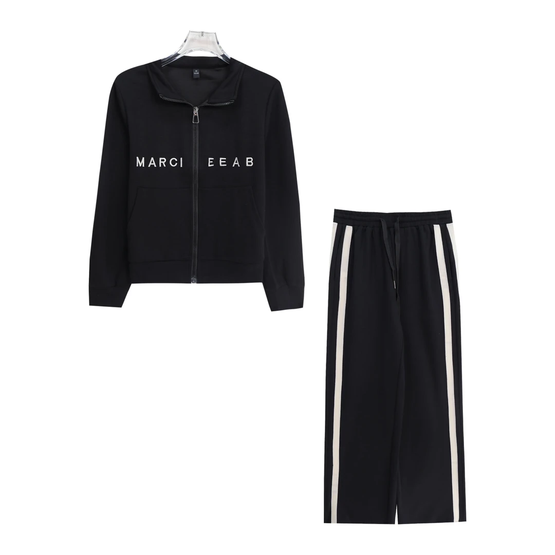 翻领纯色拉链宽松上衣条纹垂感休闲裤套装S4581