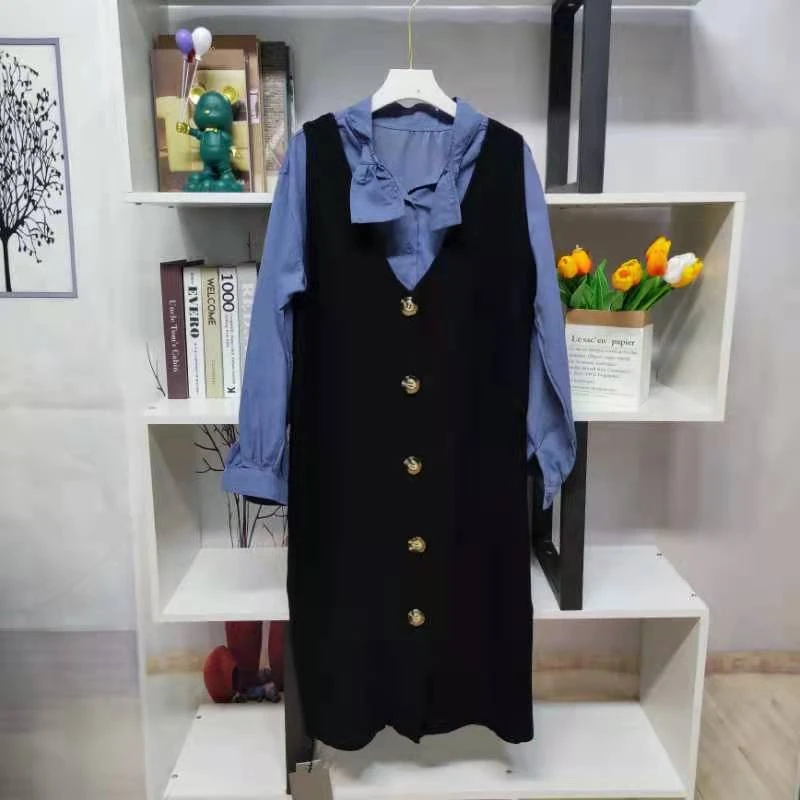 LZ4937【夏季新款】时尚黑色圆领系带排扣两件套连衣裙