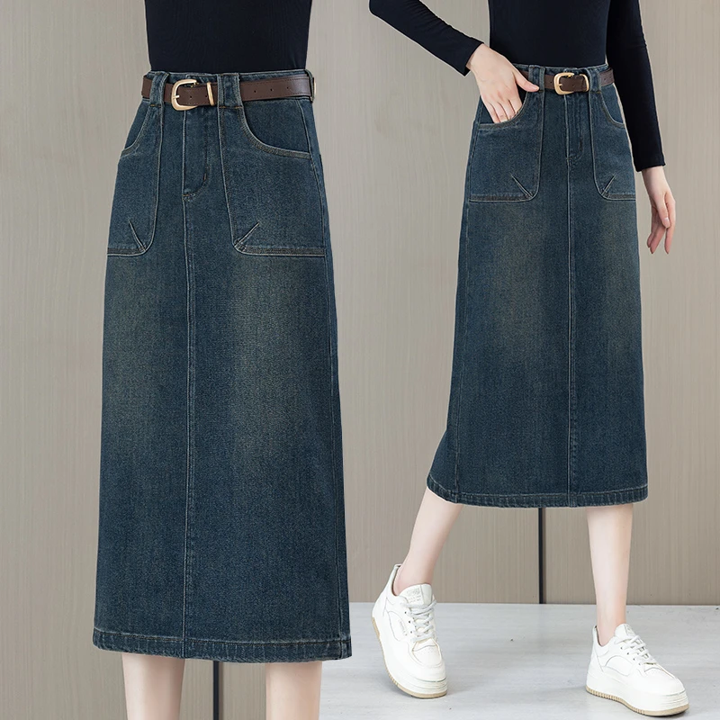 多色高腰显瘦半身裙女2024秋冬新款时尚百搭后开叉A字过膝中长裙