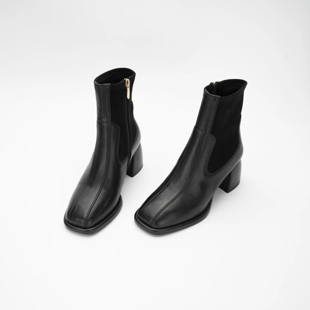 681-1 牛皮+5cm简约粗跟方头2024年新款马丁靴侧拉链切尔西短靴