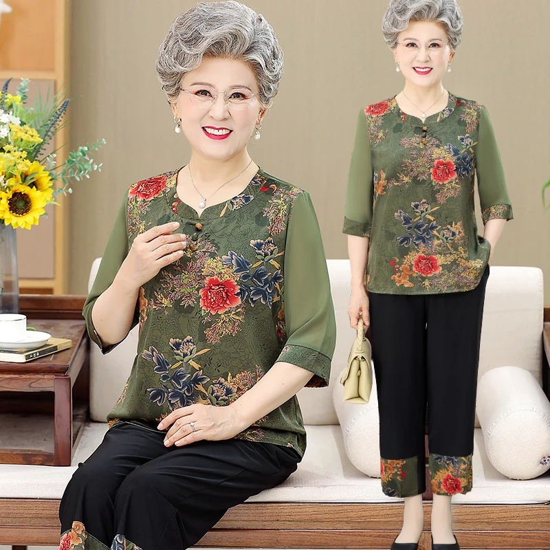 【上衣+裤子】妈妈夏季两件套中老年女装大码老人衣服奶奶装套装
