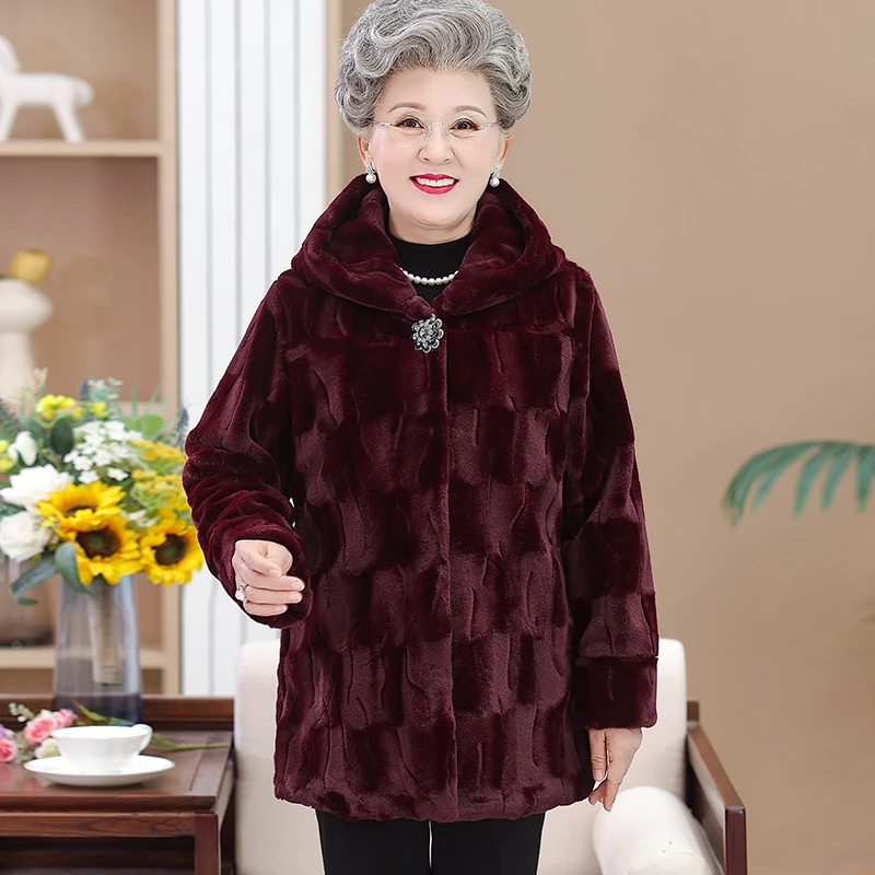 中老年人冬装奶奶装洋气高贵妈妈厚外套仿皮草水貂绒大衣老人衣服