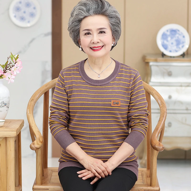 奶奶春秋新款长袖T恤中老年秋装打底衫毛衣老太太衣服妈妈针织衫