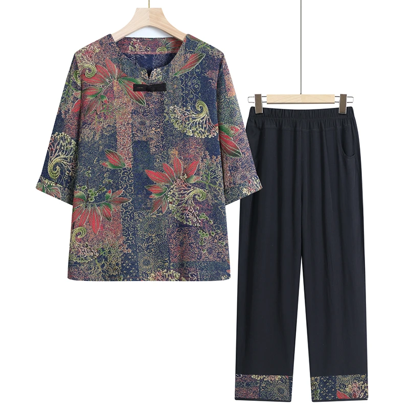 奶奶装夏装棉绸套装中老年人短袖T恤妈妈装两件套老太太宽松衣服