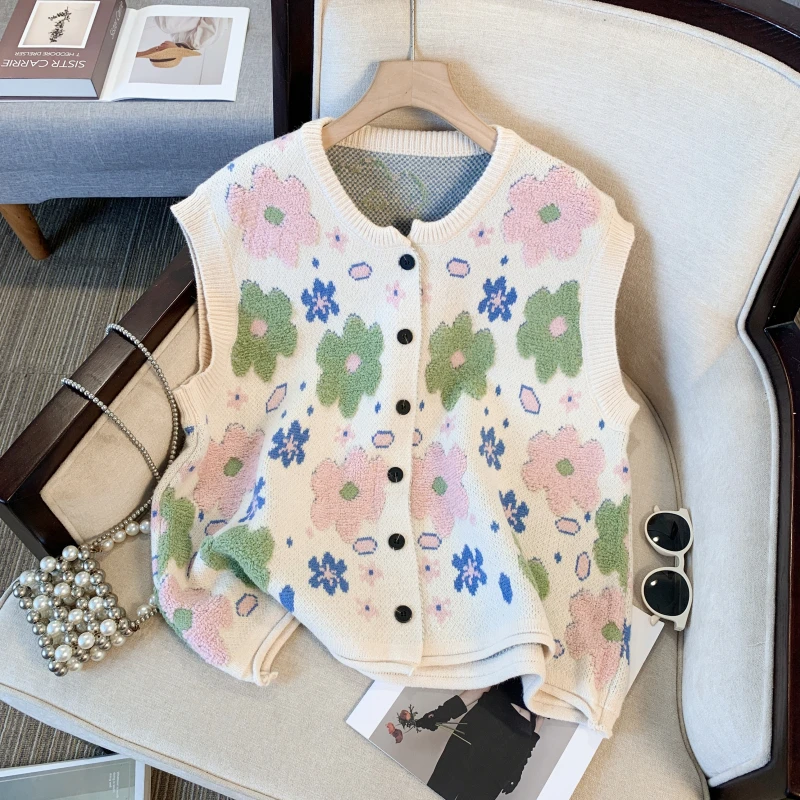 【芊寻】2024春秋新款小花朵提花圆领无袖外搭针织毛衣马甲女