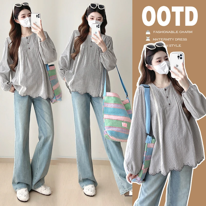 2024秋季新款条纹孕妇装上衣宽松长袖衬衫女显瘦小个子上衣洋气