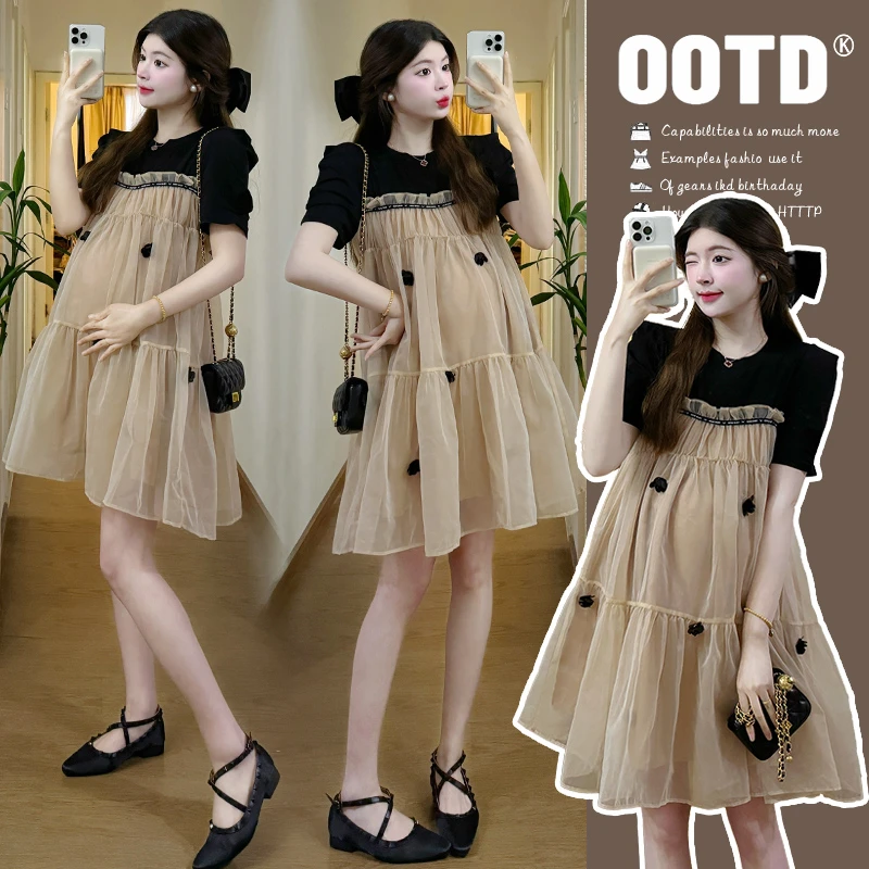 2024夏季新品网纱拼接甜美设计感A字手工小花朵连衣裙洋气宽松