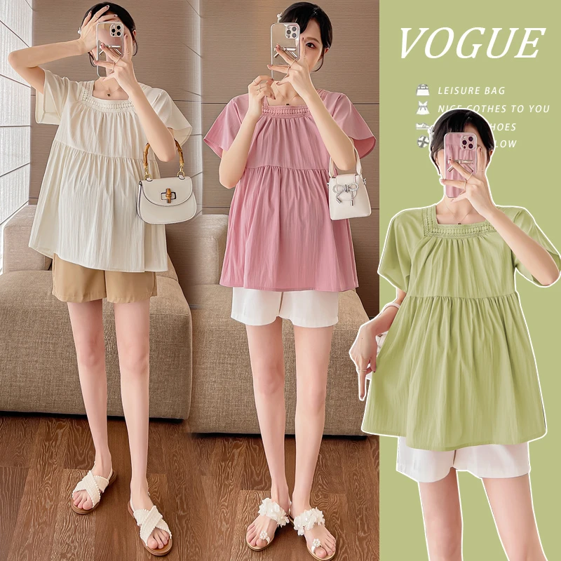 2024孕妇春夏新品韩版时尚宽松纯色娃娃上衣孕妇夏季减龄甜美上衣