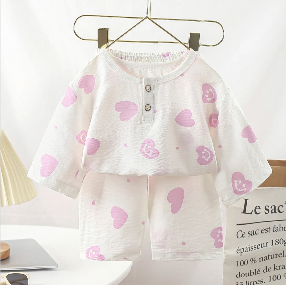 夏季儿童男宝女宝家居服中大童空调服睡衣套装2024新款碎花云朵棉