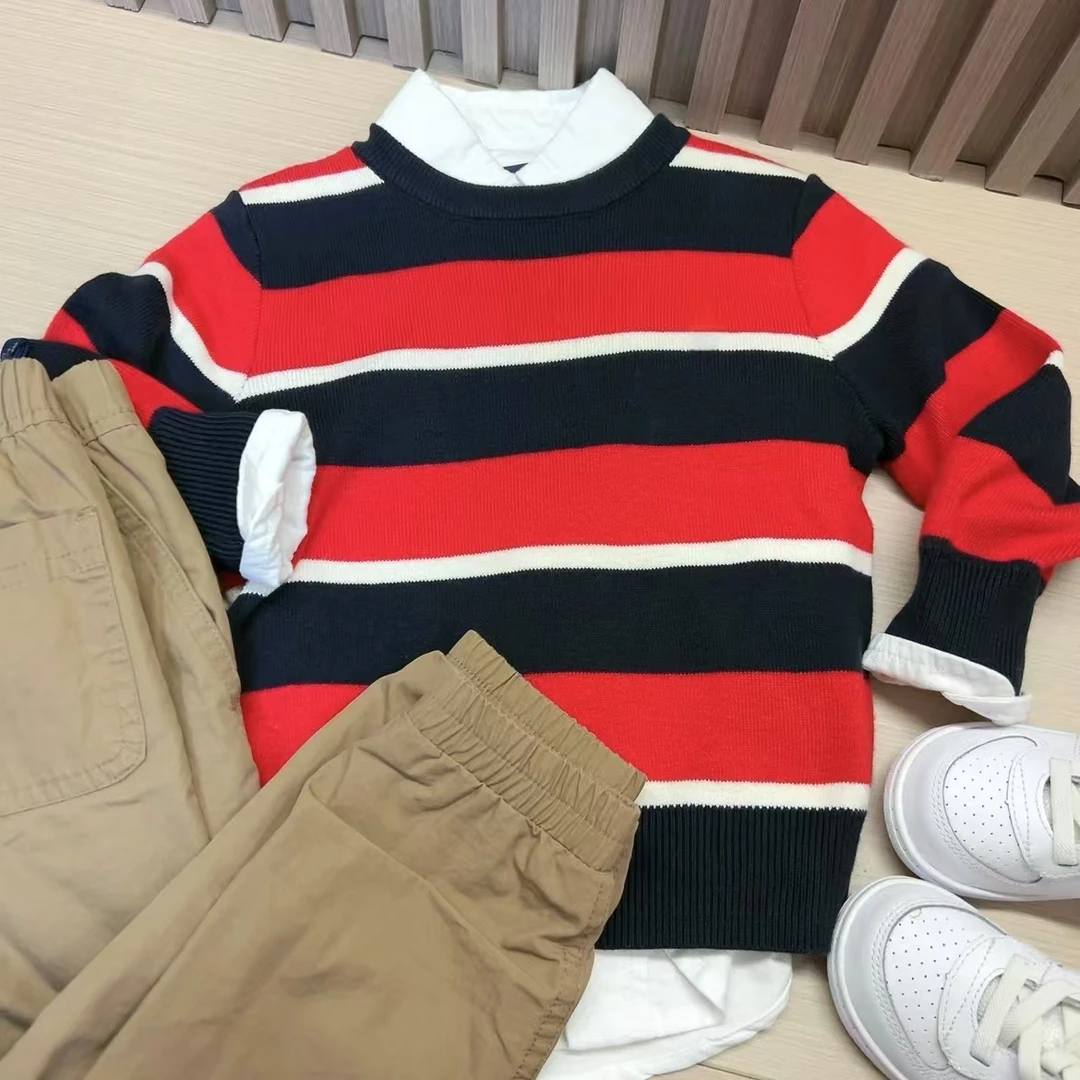 断码福利/儿童中大童条纹针织套头毛衣