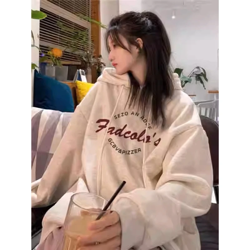 美式潮牌白灰连帽卫衣女2024早秋新款宽松bf慵懒卡通印花外套春秋