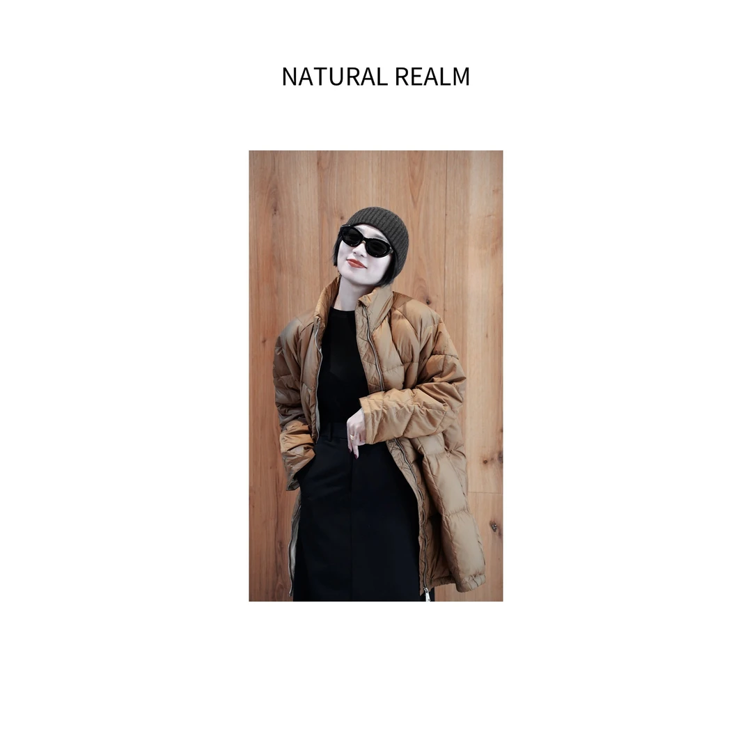 {NATURAL REALM}百搭款时尚立领拉链连肩袖白鹅绒中长款羽绒服