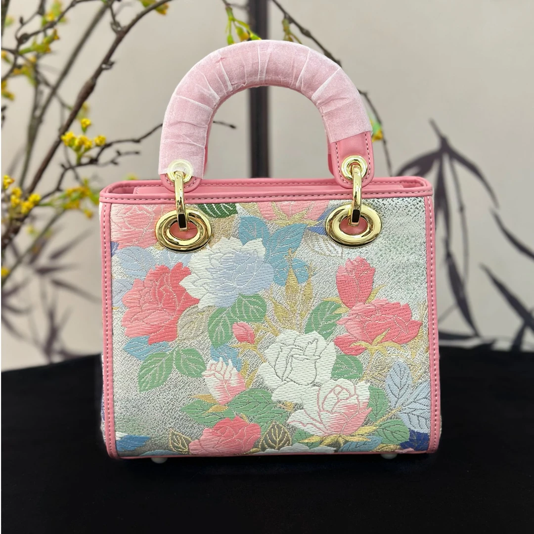 【新品】非遗唐锦定制戴妃包 中号20厘米桃粉玫瑰手提包斜挎包