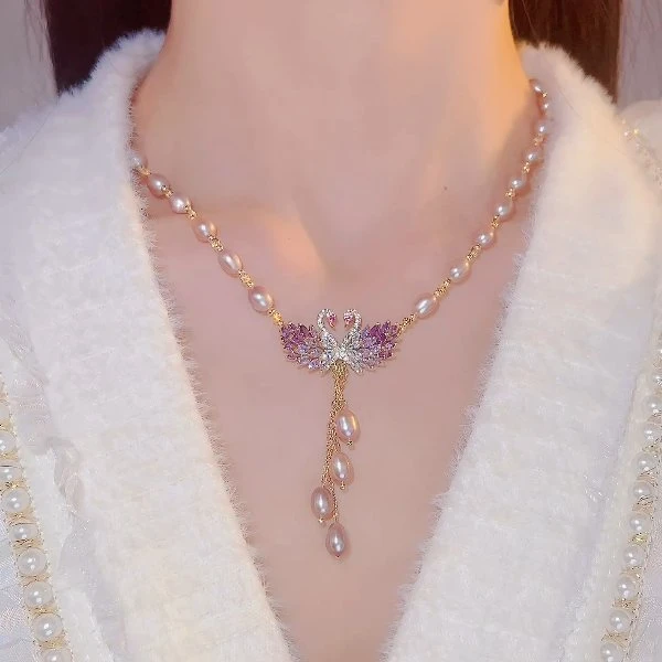 非金属项链 直播 气质紫色渐变天鹅吊坠超仙锁骨链流苏长项链新年