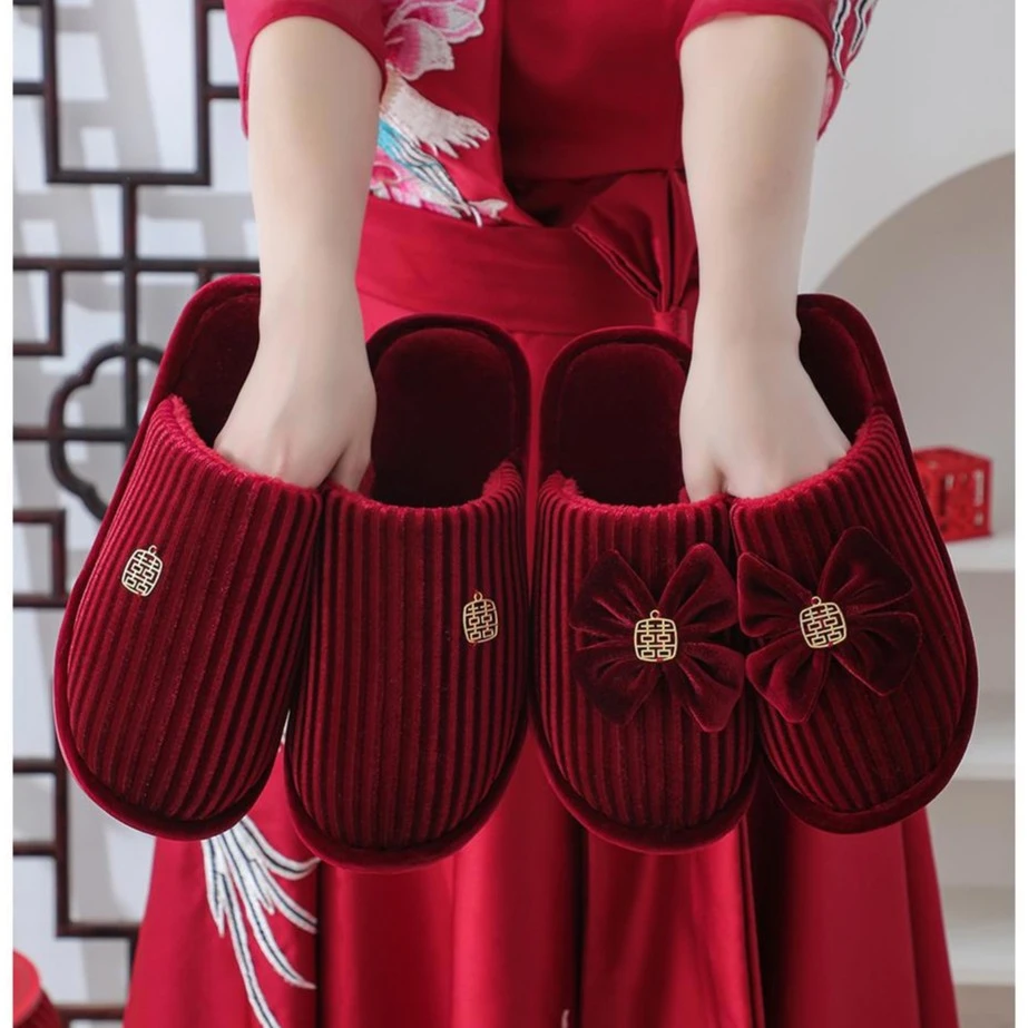 秋冬季结婚新娘大红色拖鞋室内陪嫁轻奢防滑保暖婚庆拖鞋居家新婚