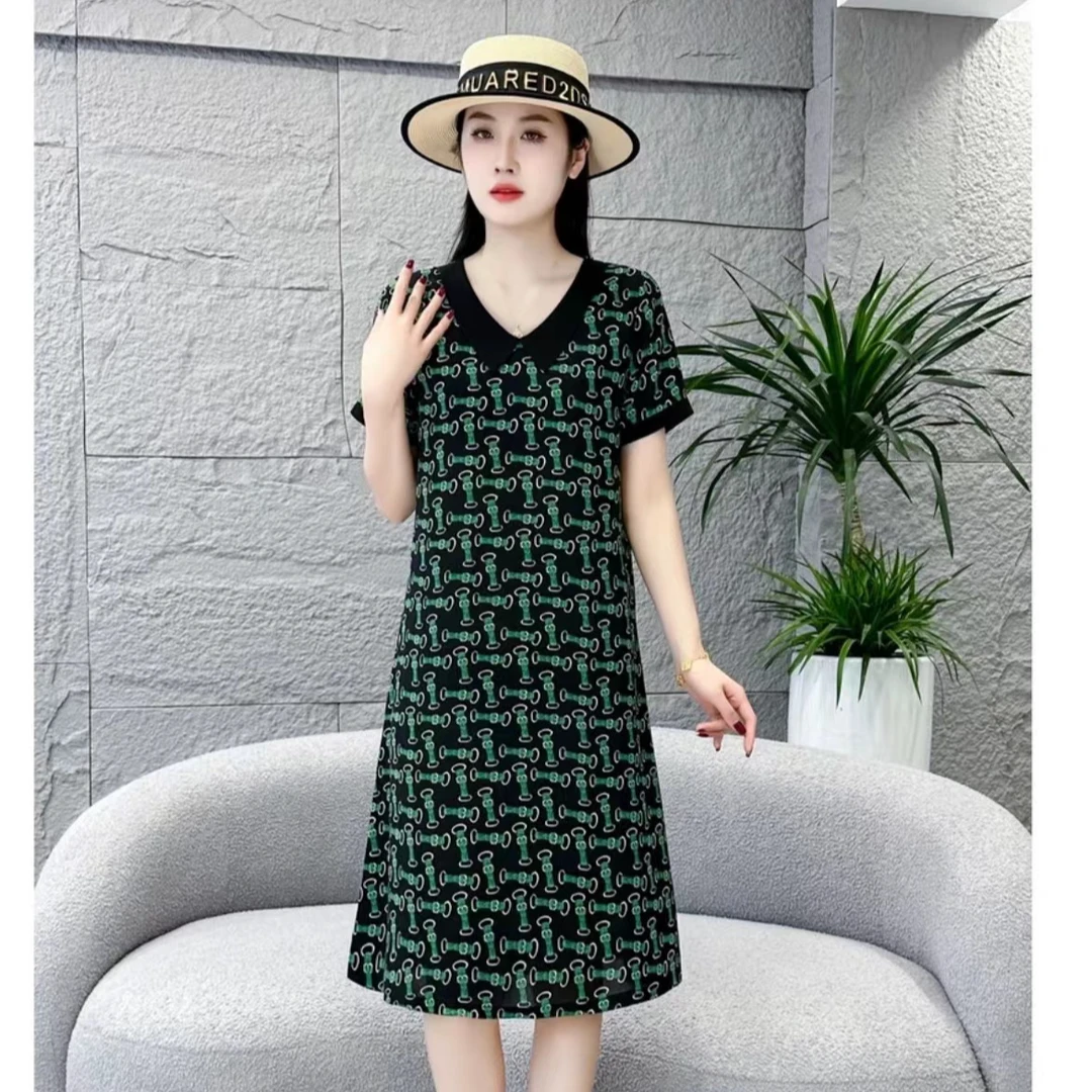 【绿色链条娃娃领】新款时尚百搭显瘦减龄气质洋气休闲宽松连衣裙