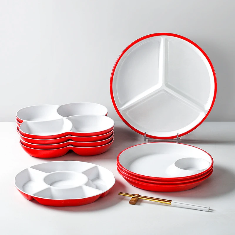 密胺餐具带醋饺子盘虾盘商用鱼生卤水分格餐盘圆形小吃盘窝窝头盘