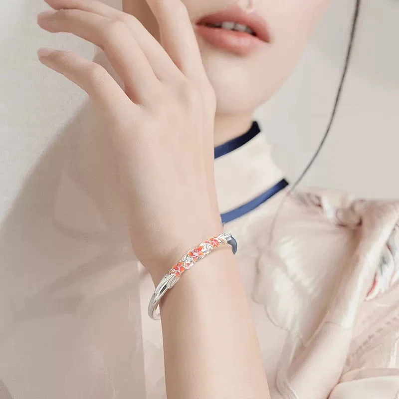 足银珐琅银制品 足银9999繁花似锦珐琅花丝宣草花推拉手镯【A44】