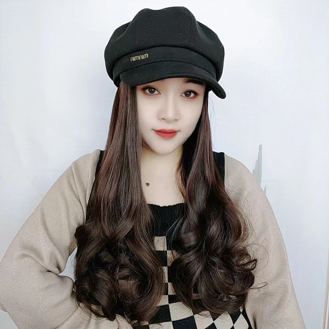 秋冬季新款八角帽假发一体女休百搭卷发气质逼真自然假发帽梨花烫