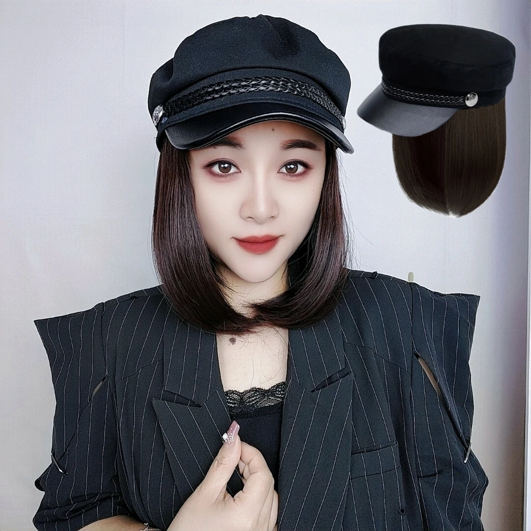 帽子假发一体女时尚洋气夏季黑棕色发自然浅棕色逼真轻盈黑棕色