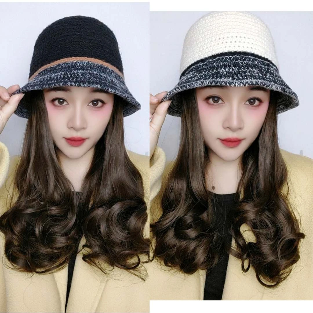 秋冬新款帽子假发大波浪百搭女士针织逼真自然假发渔夫帽子假发