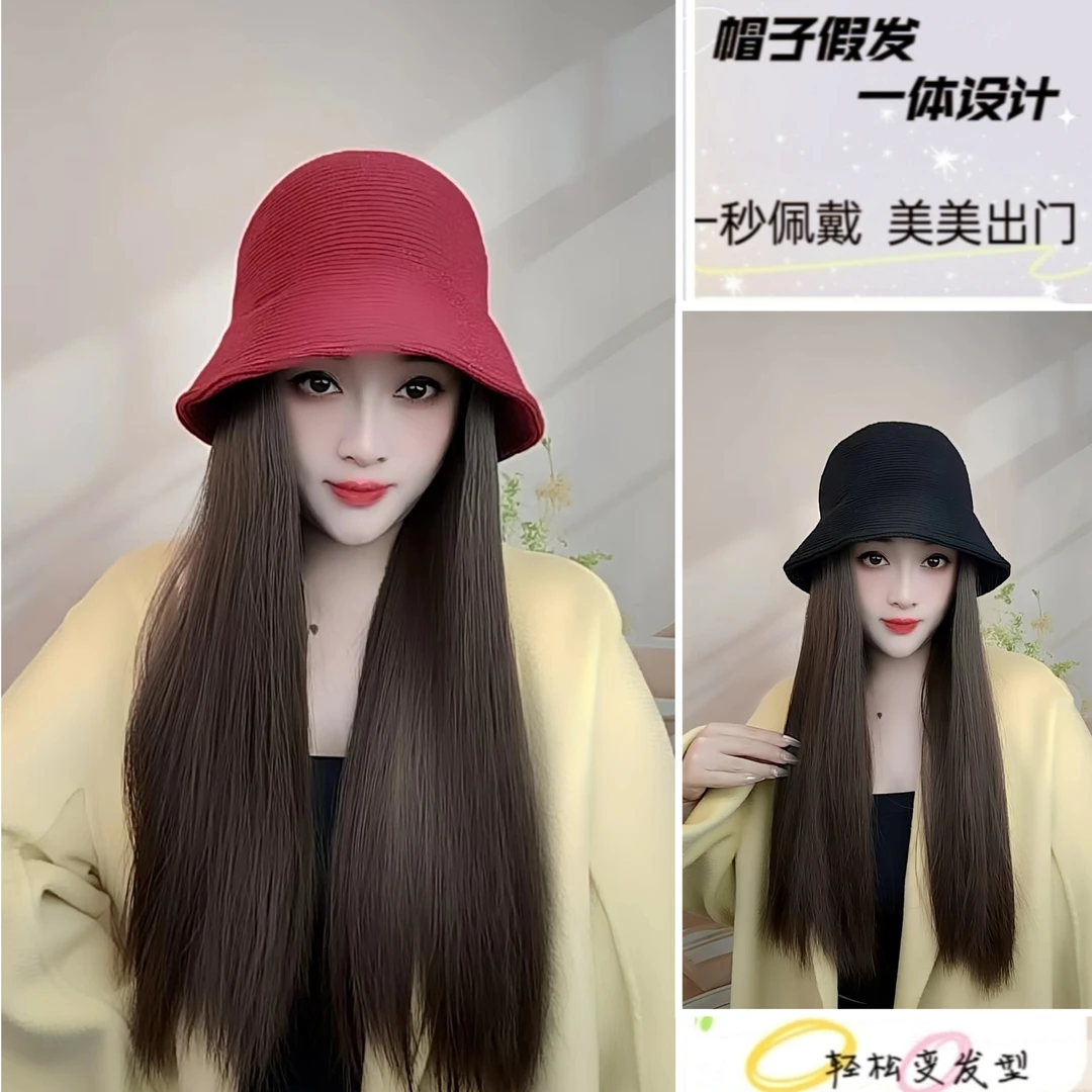 渔夫帽子假发一体女韩版时尚直发卷水桶盆帽逼真自然假发帽子