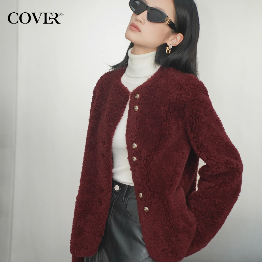 COVERINS2024冬季颗粒绵羊毛酒红小香风外套