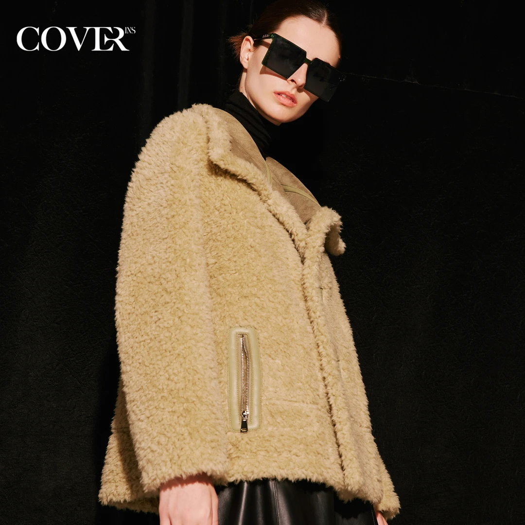 COVERINS冬季复古大翻领机车风绵羊毛外套