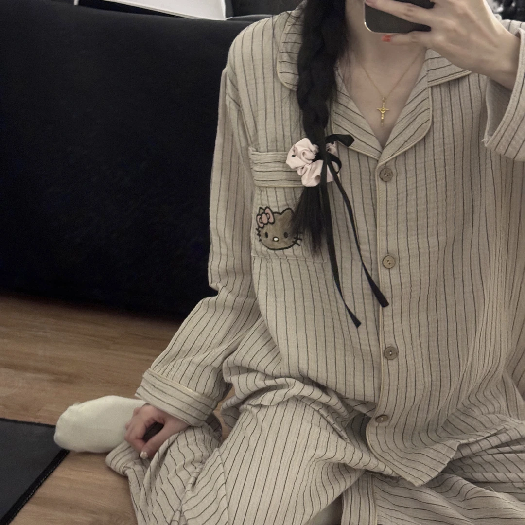 韩版纱布春秋季睡衣女款长袖长裤2024新款女士卡通开衫家居服套装