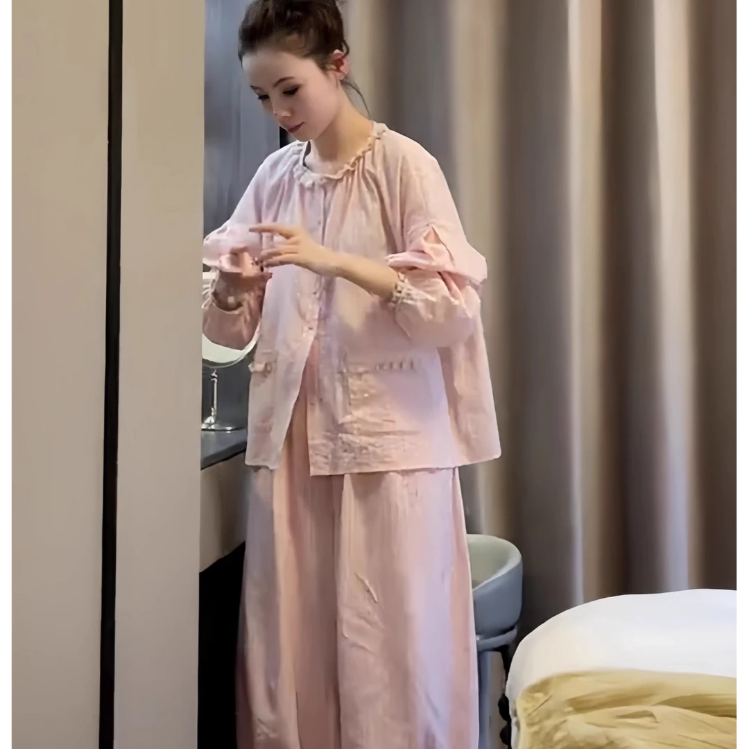 2025春秋季时尚长袖休闲女套装灯笼袖条纹蕾丝薄款月子服睡衣女款