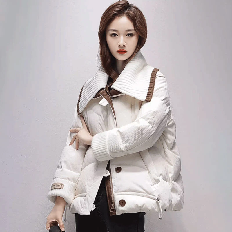 羽绒羽绒服女冬季新款宽松针织领拼接高级感复古短款羽绒