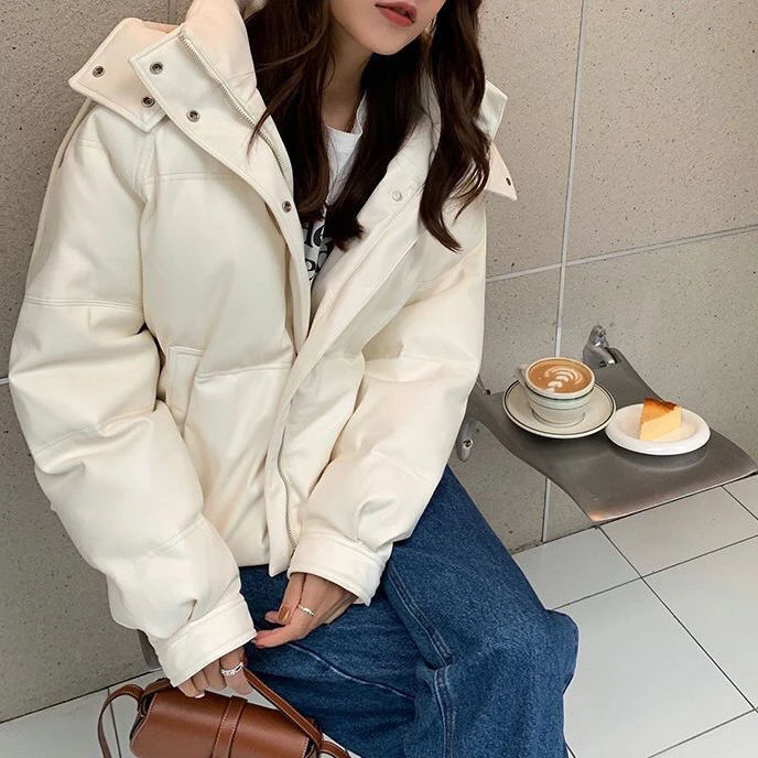 新款新款白色PU皮免洗羽绒羽绒服女2023冬季宽松时尚百搭小个子