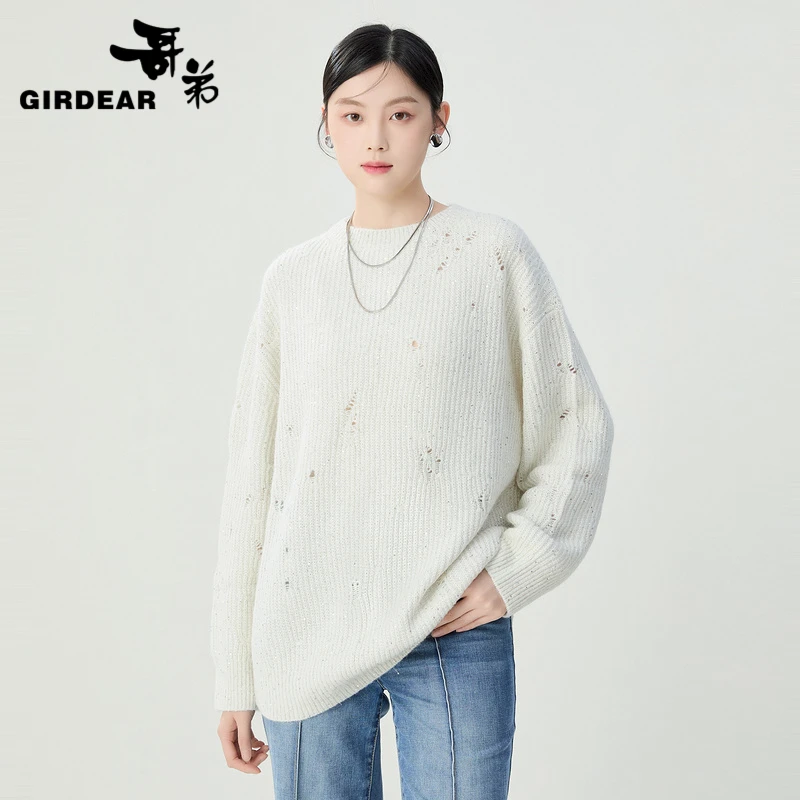 哥弟山羊绒不规则破洞设计星空宽松套头圆领纯色针织衫女1399668