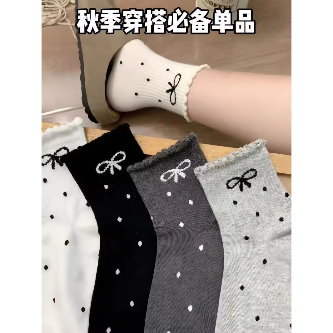 波点花边蝴蝶结秋冬新款堆堆袜学生ins潮长筒袜日系网红中筒女袜1