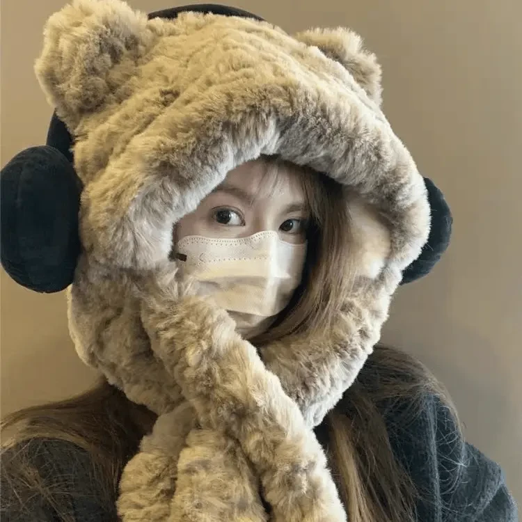 冬季加厚可爱耳机小熊帽子围巾一体毛绒护耳雷锋帽骑车防寒套头帽
