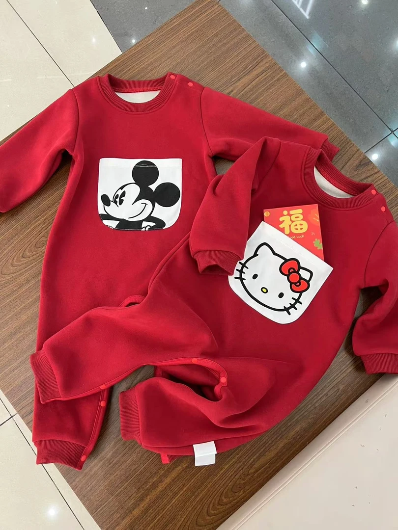 【新年爬服】宝宝秋冬加绒加厚长袖连体爬服外出服新年红色拜年服