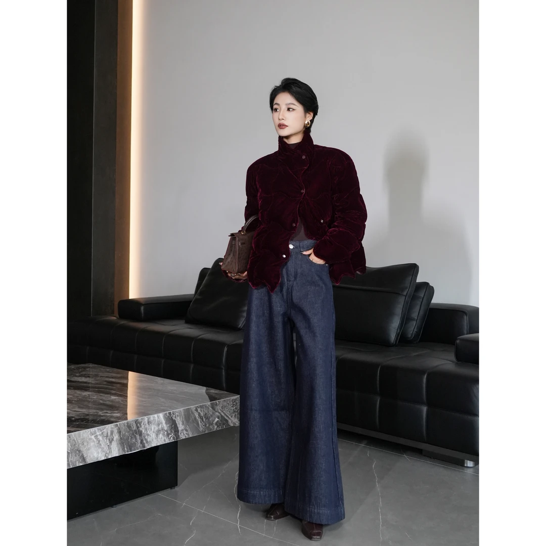 【丝绒小蛋糕】精致主义趣味花边领超重工艺感白鹅绒丝绒短款羽绒服