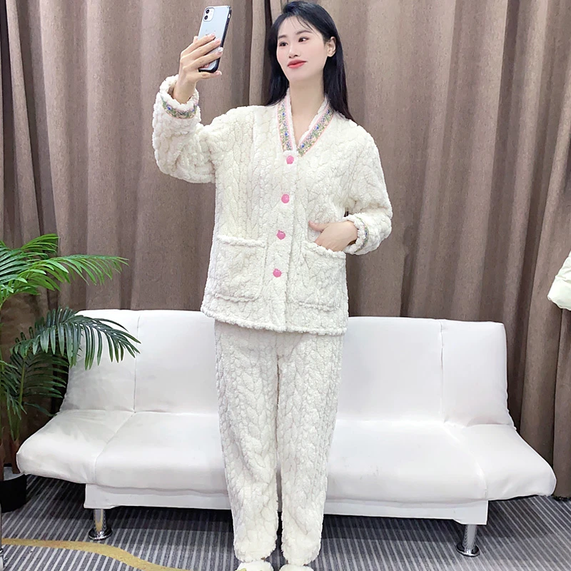 女式冬季睡衣秋冬款法兰绒女长袖毛绒珊瑚绒可外穿家居服套装Y150