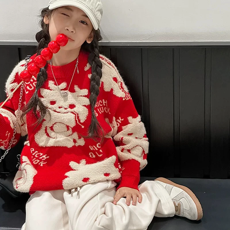 哈哈家冬季加厚套头刺绣兔子红色毛衣