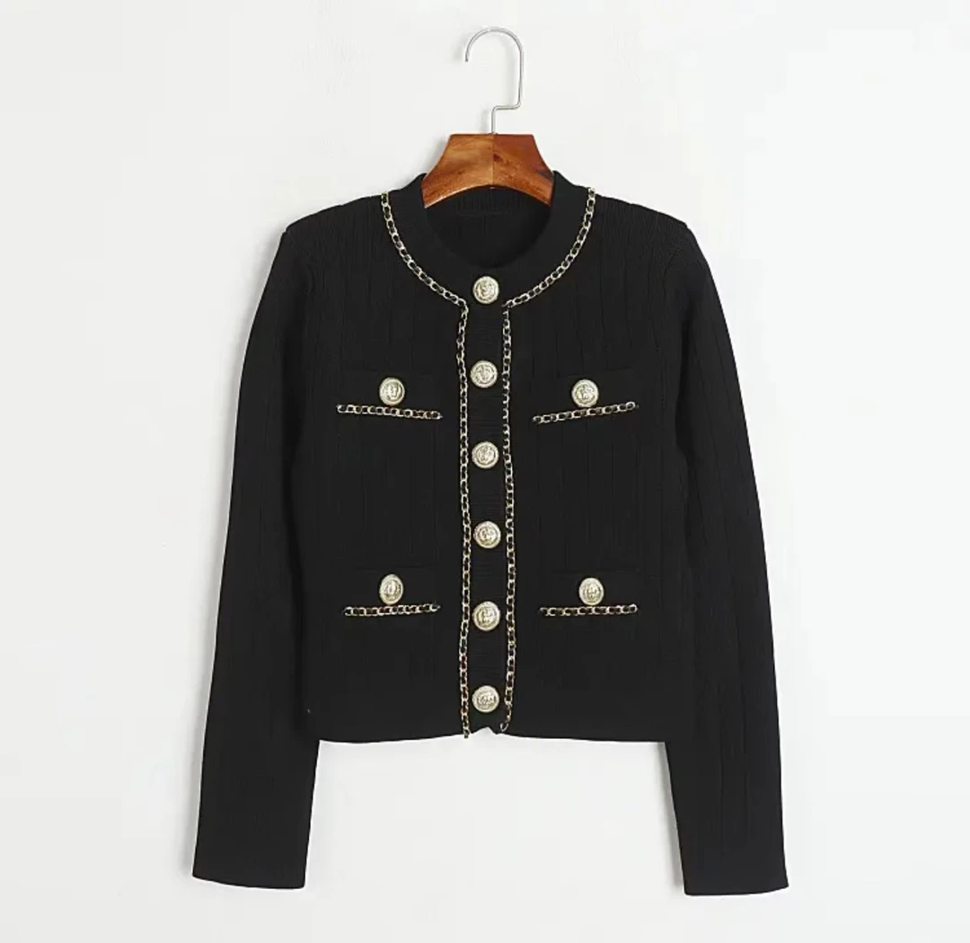 KUNGE-法式秋冬高定轻奢气质针织链条小香风开衫外套-8443