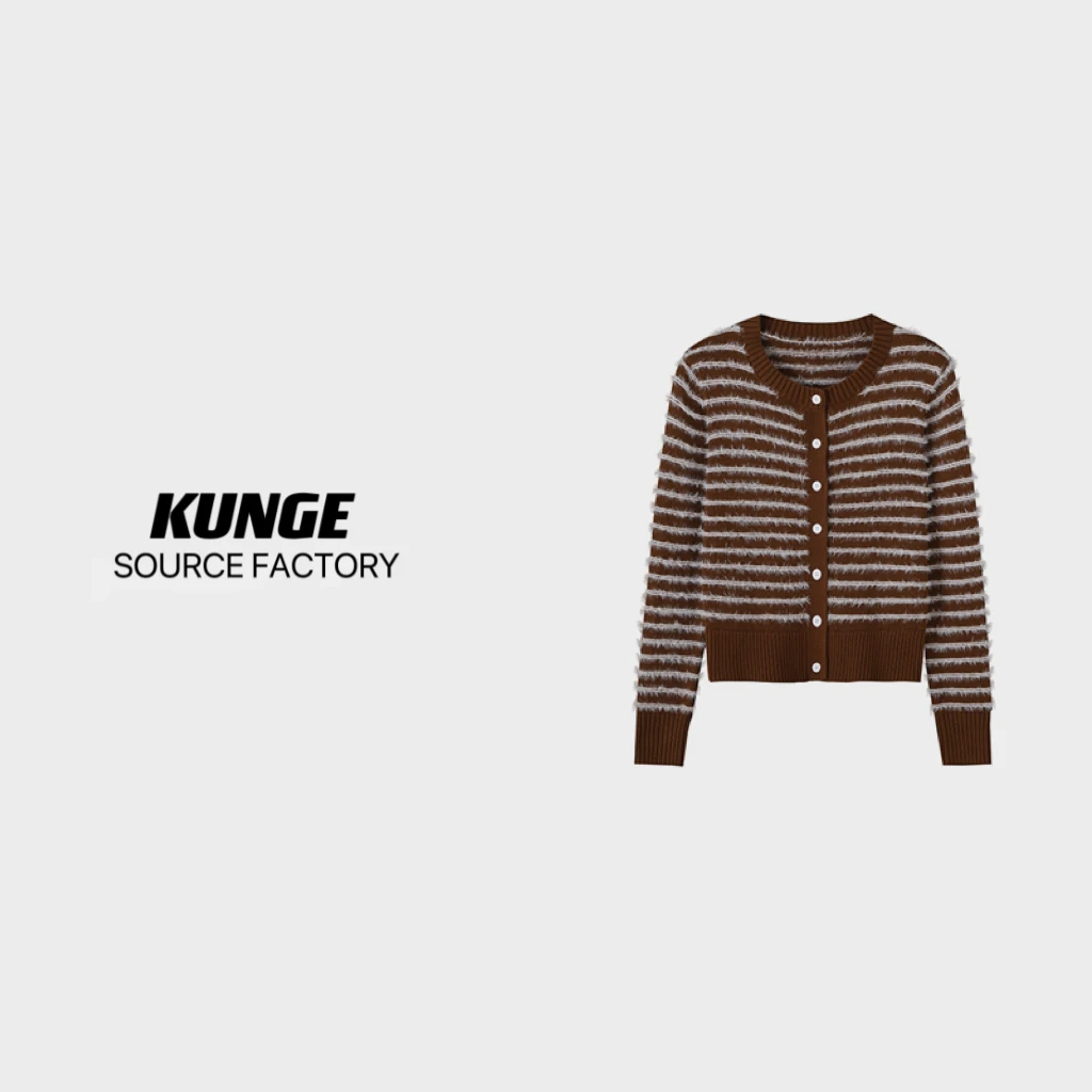 KUNGE-春季小香风设计师气质时尚宽松圆领格纹长袖针织衫-8252