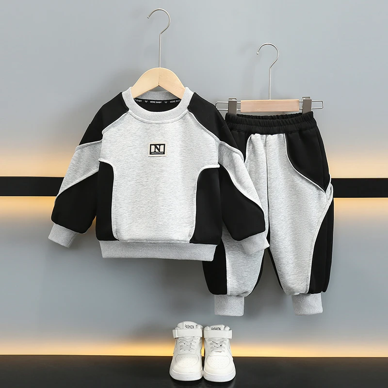 男童春秋套装2025新款N标时髦洋气男孩卫衣拉条韩版帅气两件套潮