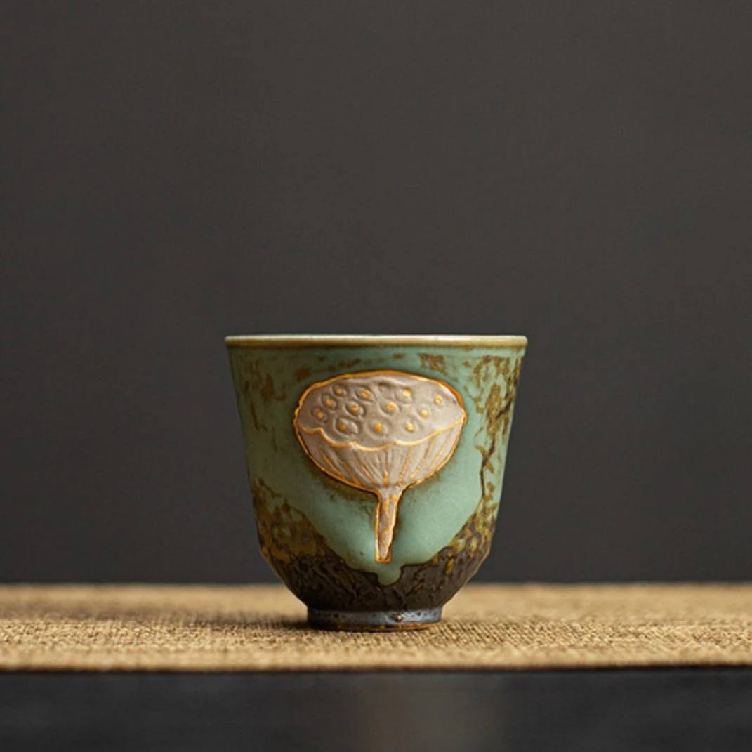 肆坊壹品主人杯手绘描金家用手工陶泥喜度莲蓬小杯茶杯茶具岩生釉