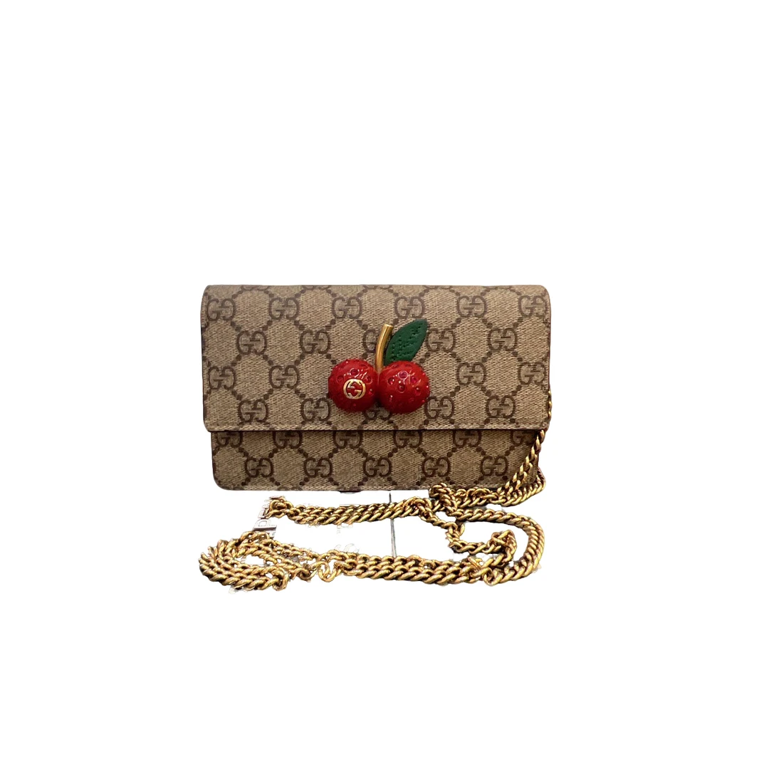 95新 GUCCI/古驰 mini樱桃装饰经典老花logo单肩斜挎链条包