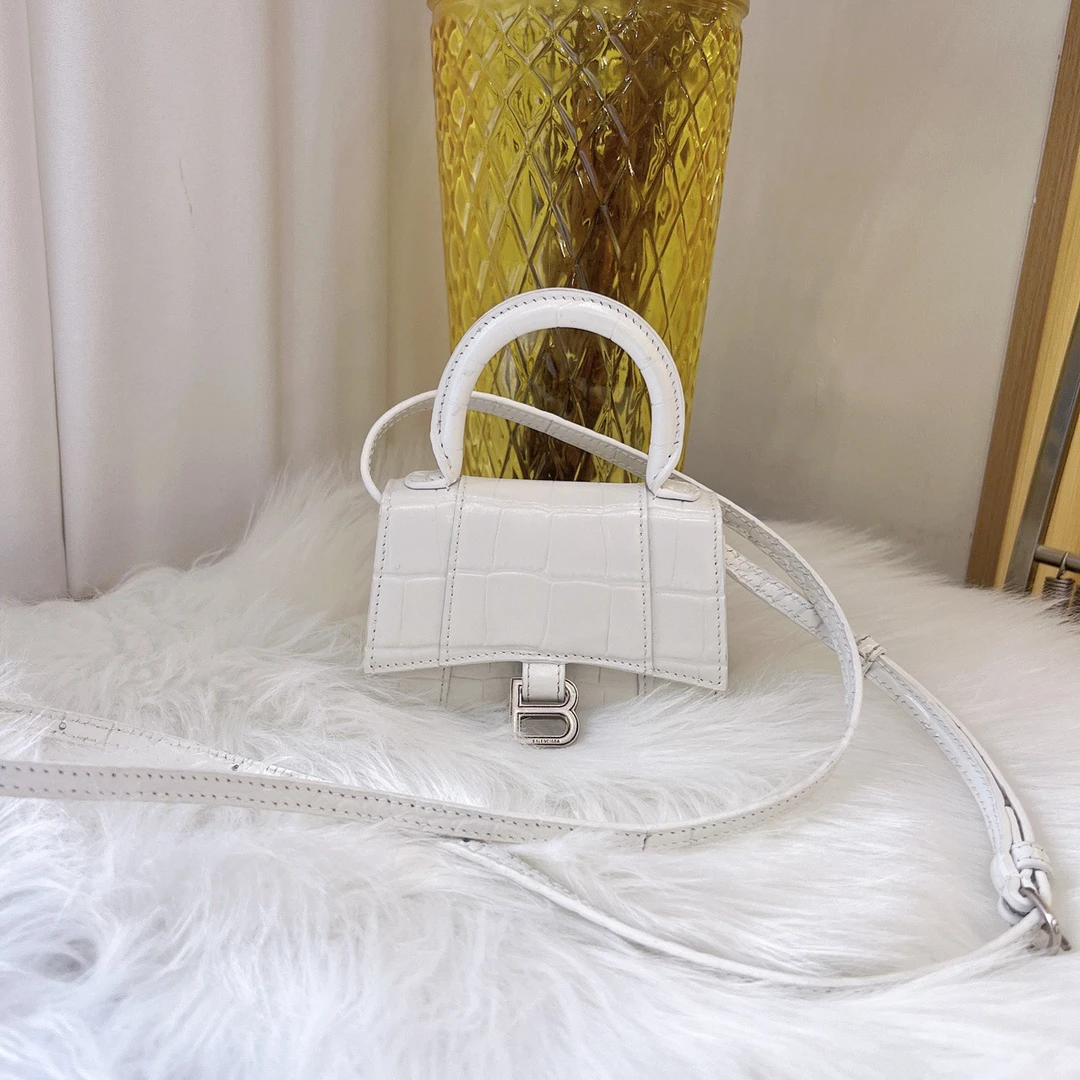 99新 Balenciaga/巴黎世家 超迷你白色沙漏鳄鱼压纹斜挎包单肩包