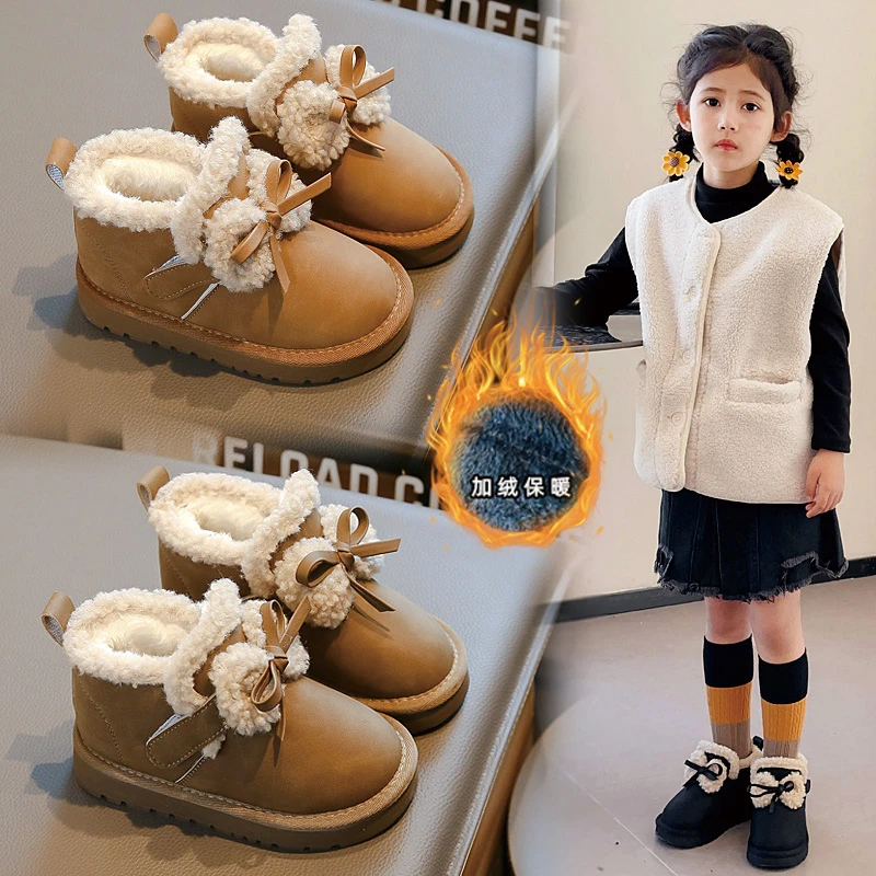 加棉加厚女童蝴蝶结雪地靴2023冬新款中大童防滑皮面软底学生棉鞋